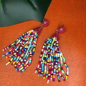 Bright multicolored beaded tassel earrings.